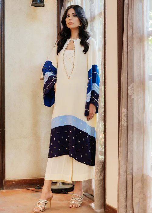 line long shirt adorned with pearls & sequins hand embroidery  2 piece set