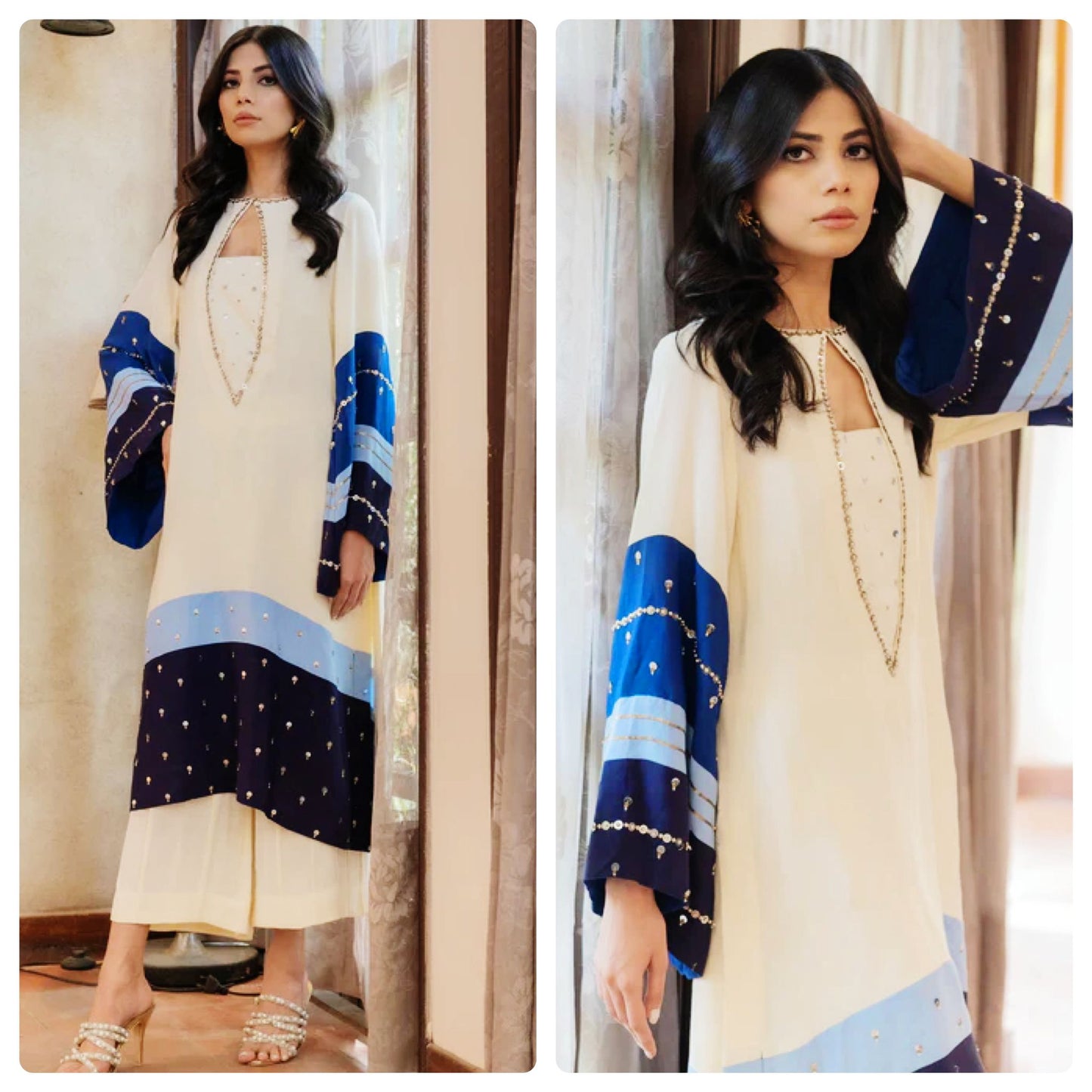 line long shirt adorned with pearls & sequins hand embroidery  2 piece set