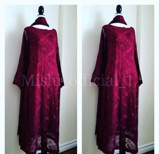 Chiffon  Burgundy Marron chikankari Semi formal Suit