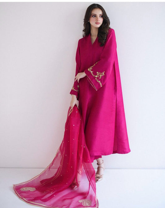 Raw Silk Formal Dress with Embroidery on sleeves