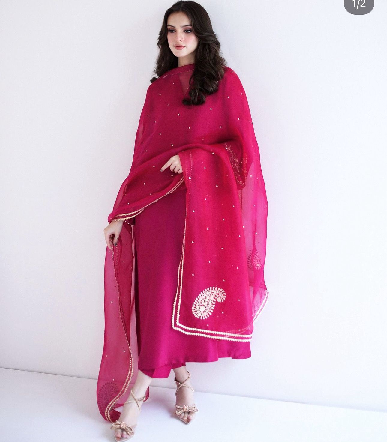 Raw Silk Formal Dress with Embroidery on sleeves