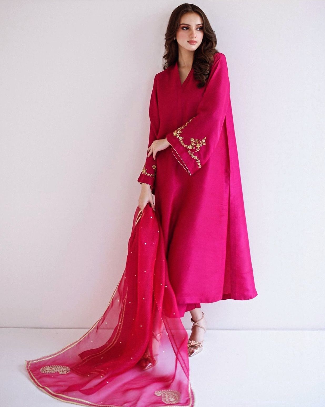 Raw Silk Formal Dress with Embroidery on sleeves