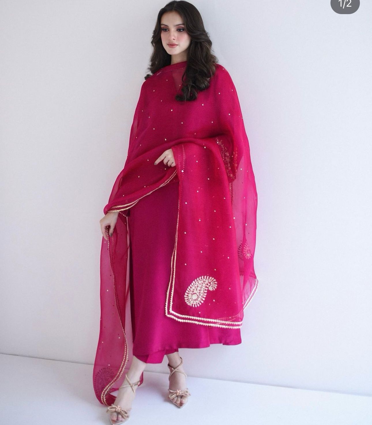 Raw Silk Formal Dress with Embroidery on sleeves