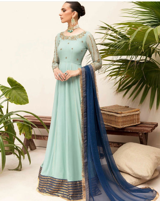 Hand Embroidered Peshwas Chiffon and Silk Formal Dress