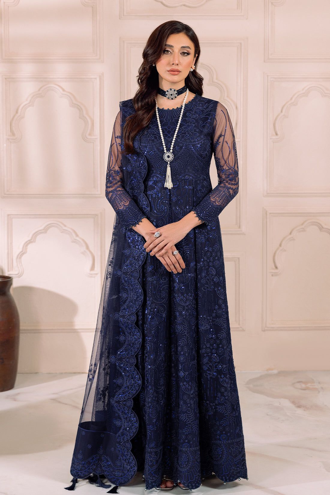 ALIZEH Embroidered Net Dress with Dupatta