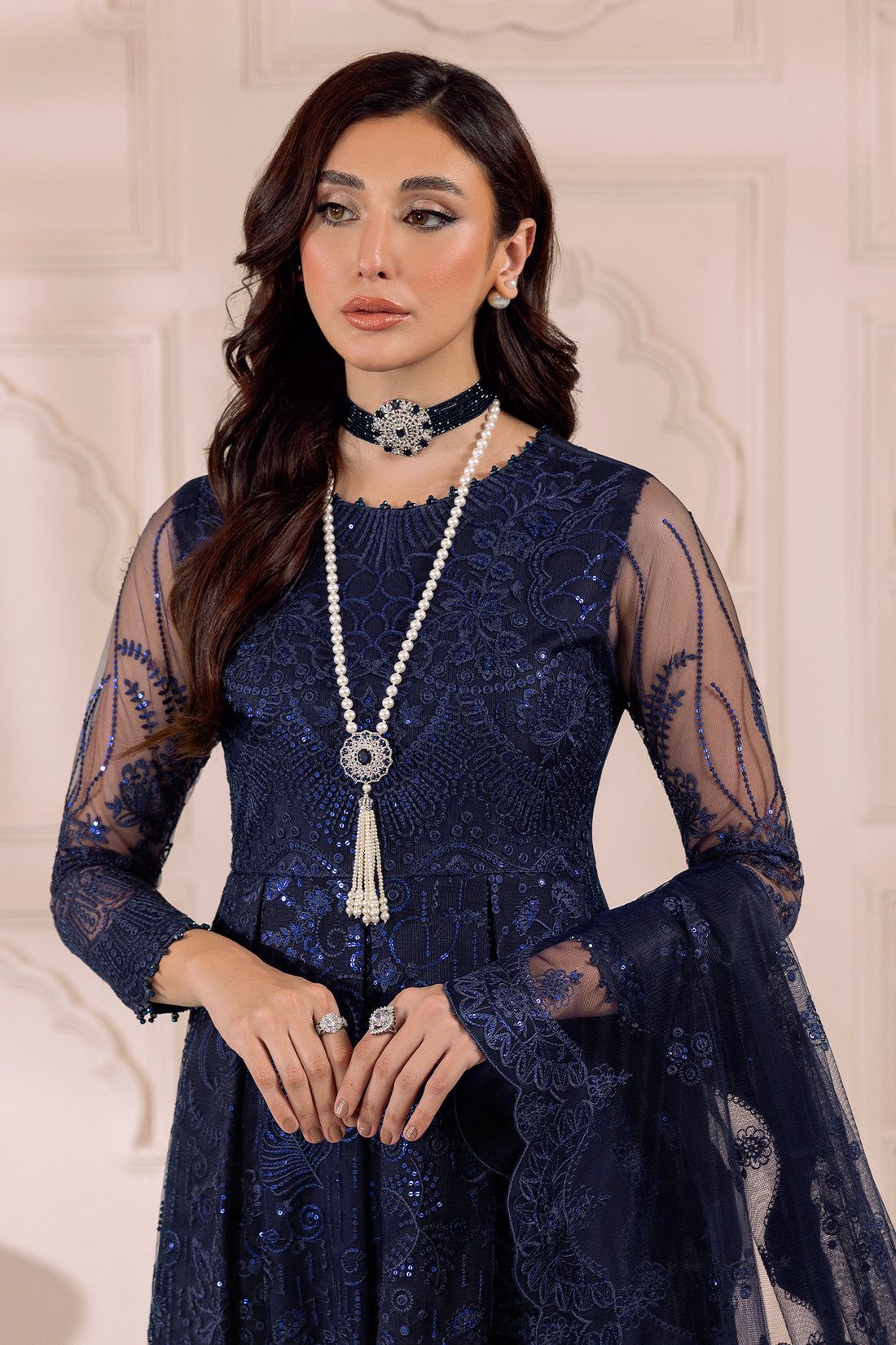 ALIZEH Embroidered Net Dress with Dupatta