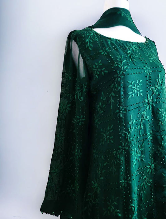 Chiffon  green chikankari Semi formal Suit