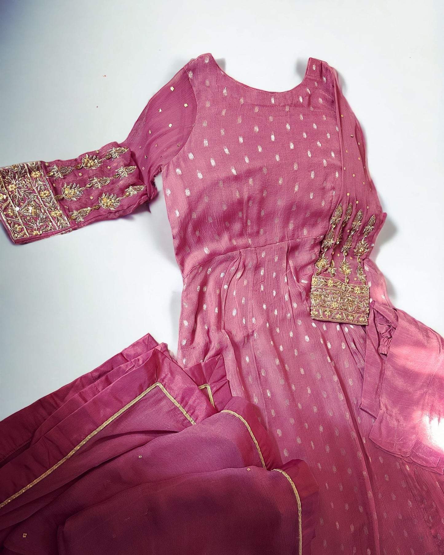 Chiffon embroidered dress with adda dabka work on sleeves