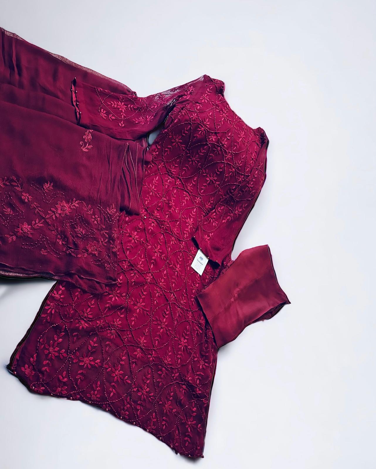 Chiffon  Burgundy Marron chikankari Semi formal Suit