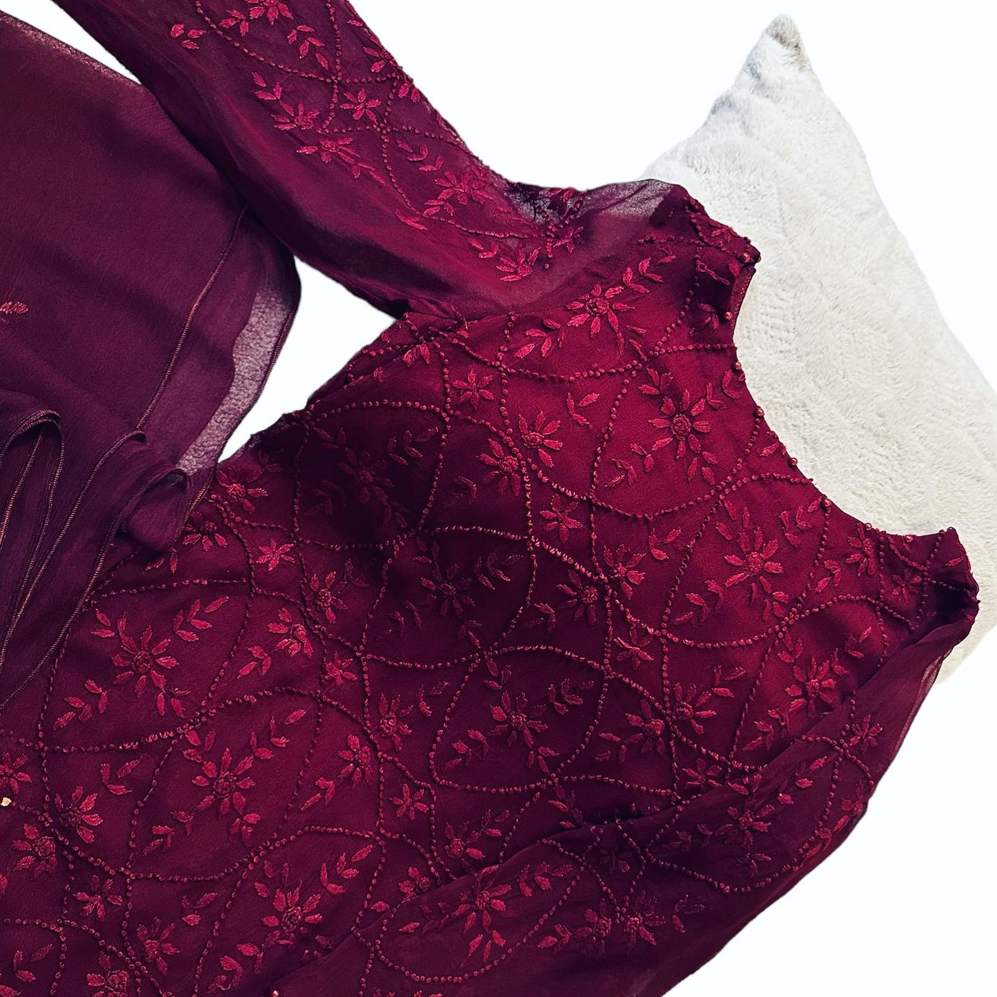 Chiffon  Burgundy Marron chikankari Semi formal Suit